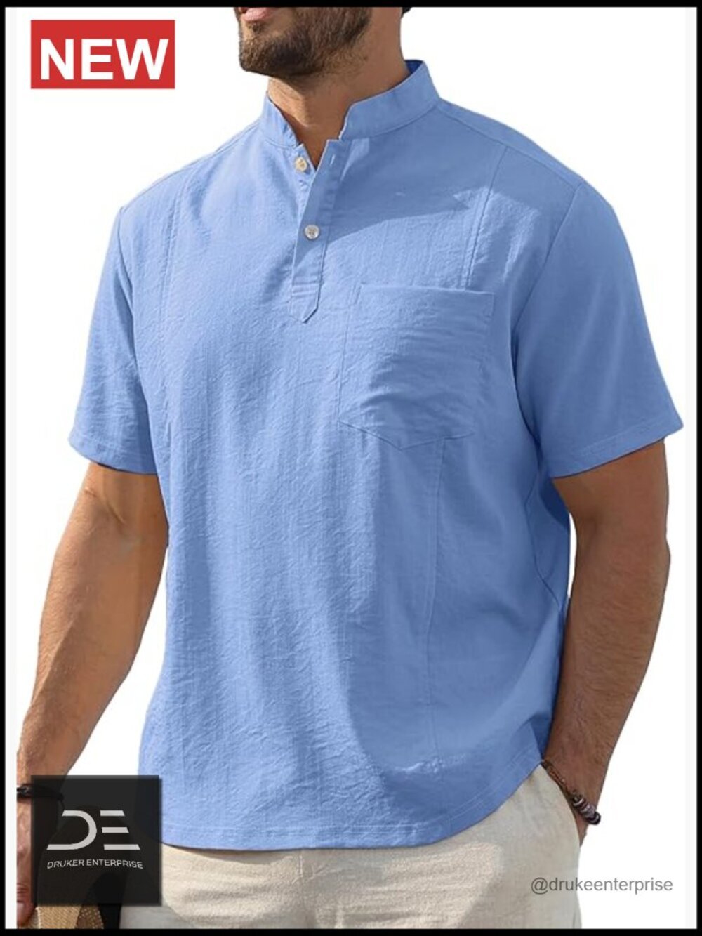Men's Short Sleeve Henley Shirt Band Collar Casual Tee Summer